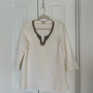 Michael Kors Women's Long Sleeve embellished V-neck Top/ Blouse - White, Medium